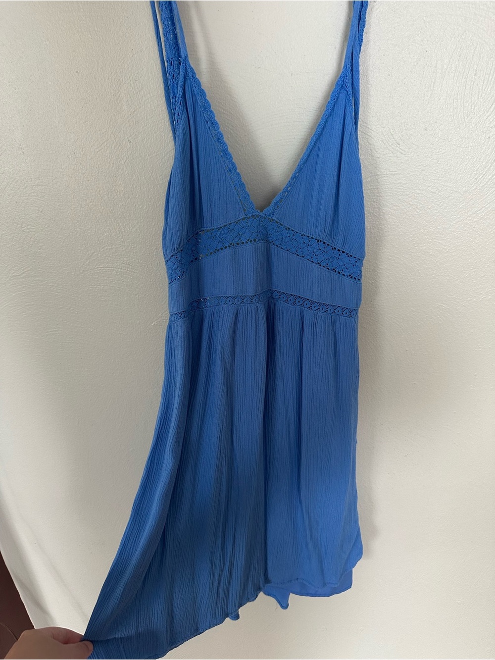 Boho Blue Spaghetti Strap Mini Dress with Lace Trim